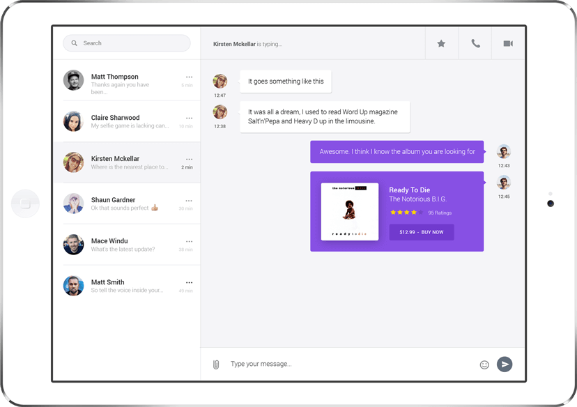 Tablet screenshot of in-app messaging
